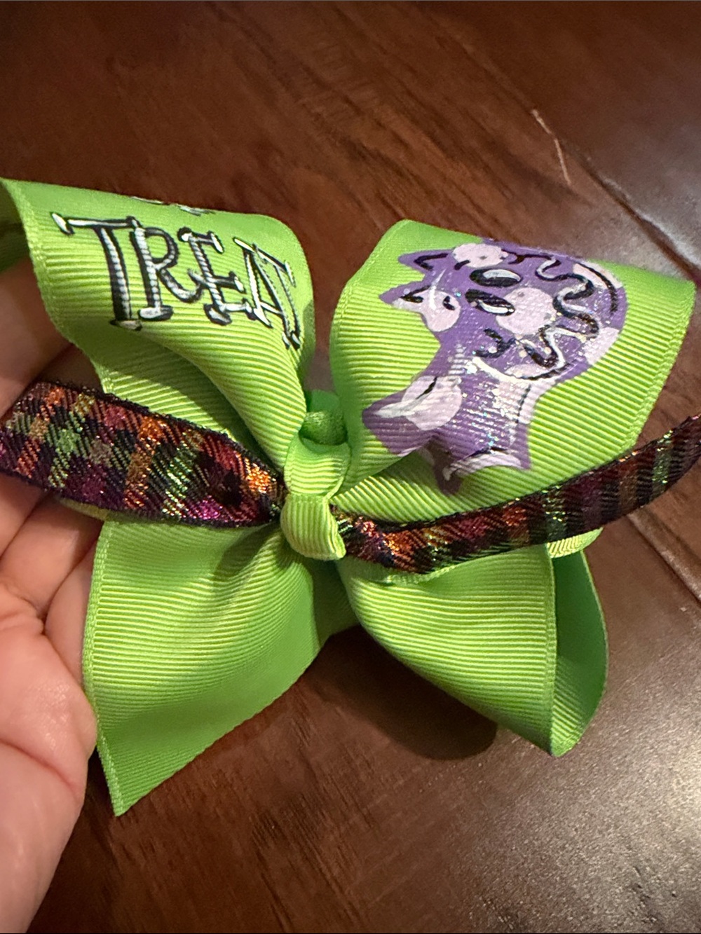 Kids Lime Green Halloween Hair Bow with Purple Monster Accent